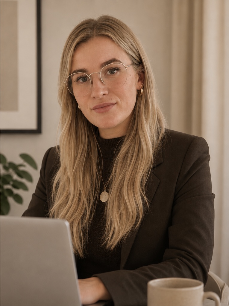 Sebine Petersen i brun blazer med laptop og kop